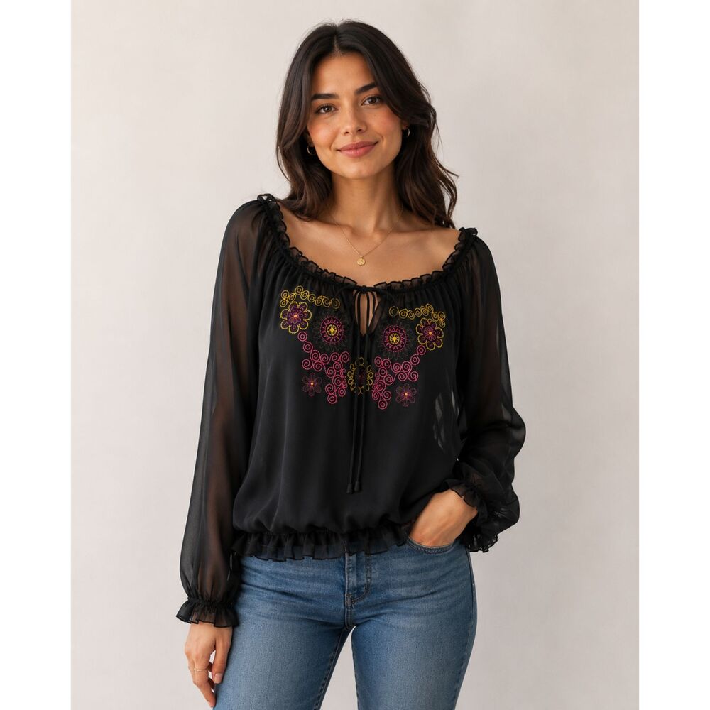 Gemstone Black Boho Embroidered Peasant Top Sheer Medium